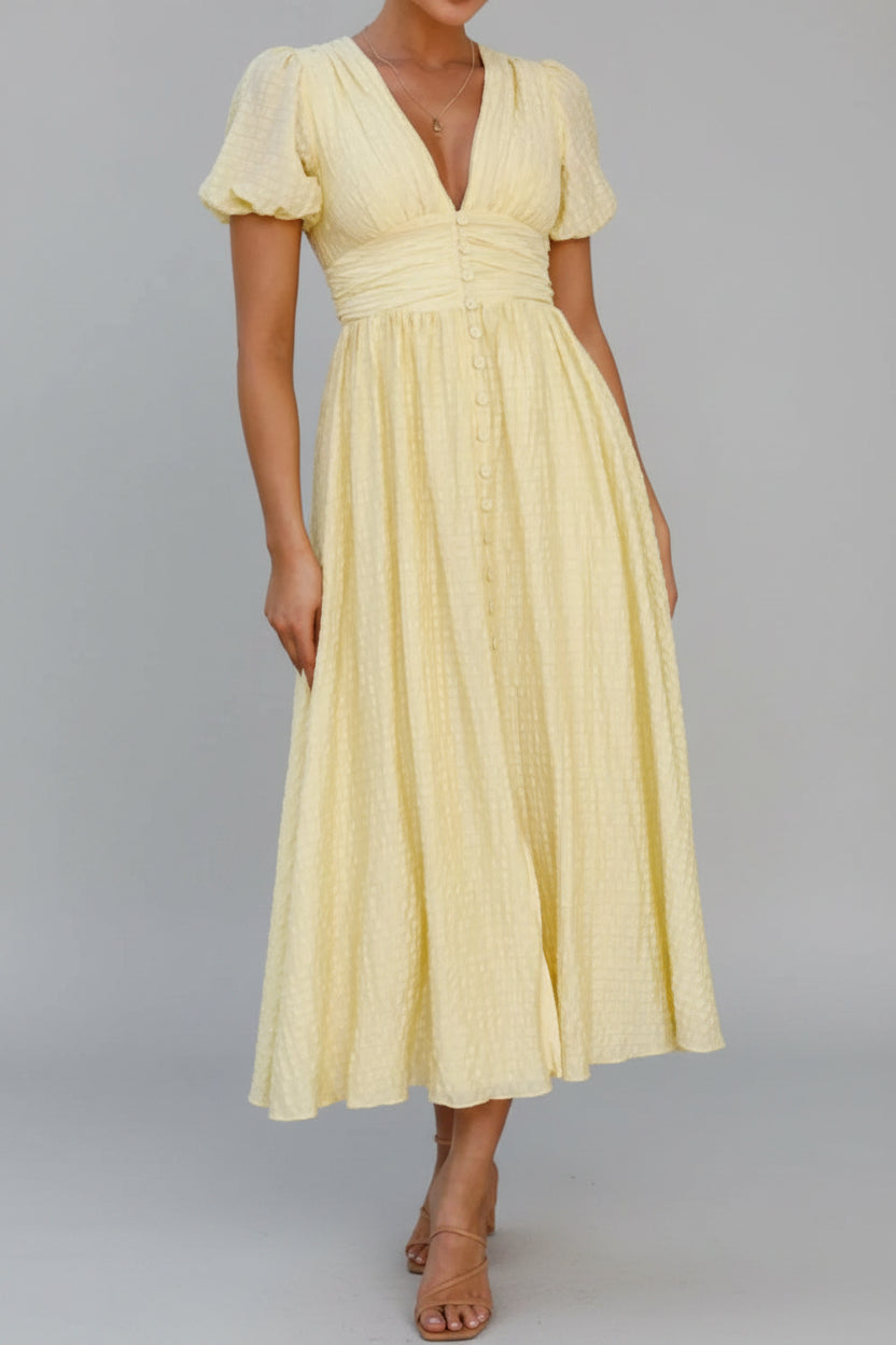 V-Neck Puff Short Sleeve Midi Dress - Effortless Elegance — view 6