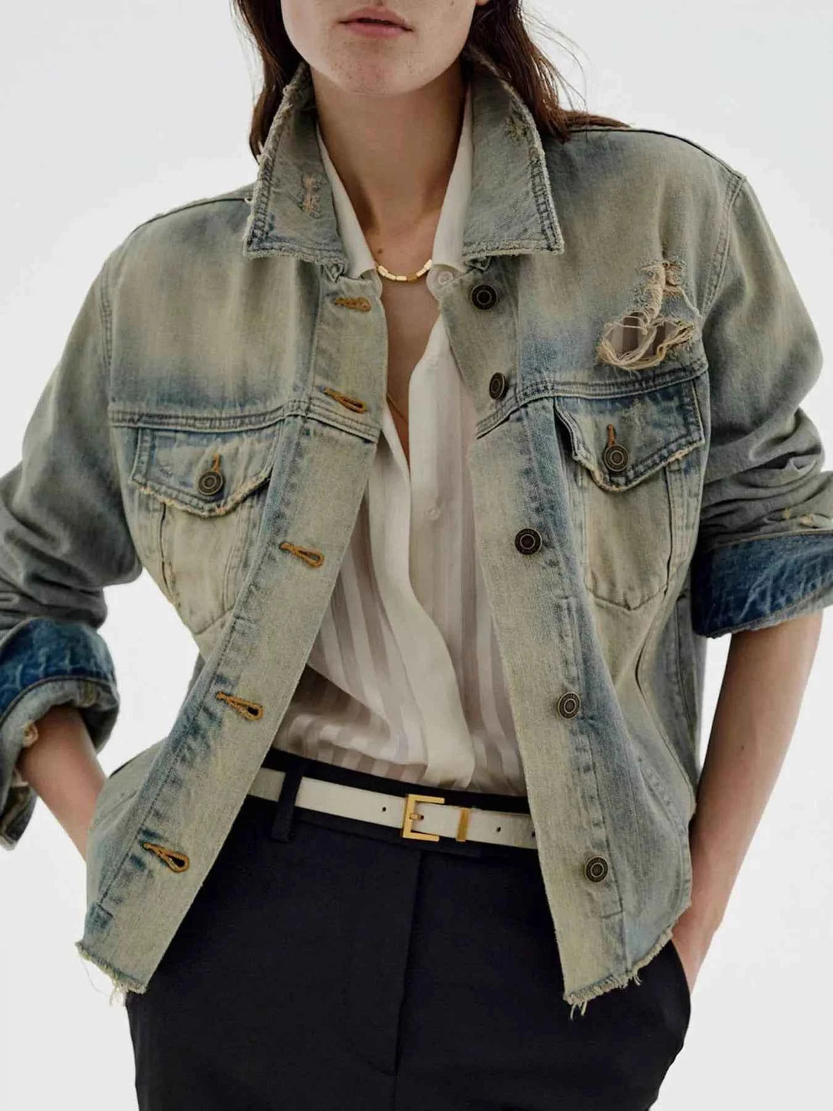 Distressed Wash Button Up Denim Jacket - Effortlessly Stylish Layering — view 1